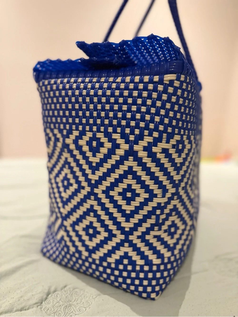 Maria Victoria Blue and Cream Woven Tote with Tassel Charm